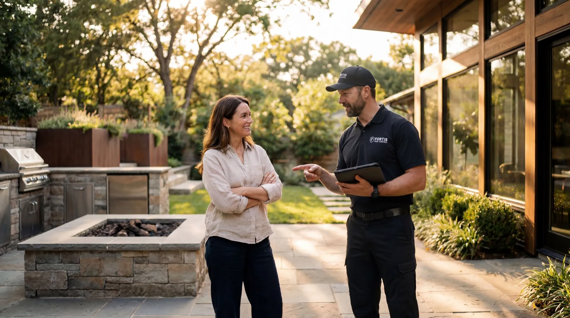 A Fortis Pest Control technician reviewing a service plan with a homeowner in a Central Valley backyard.