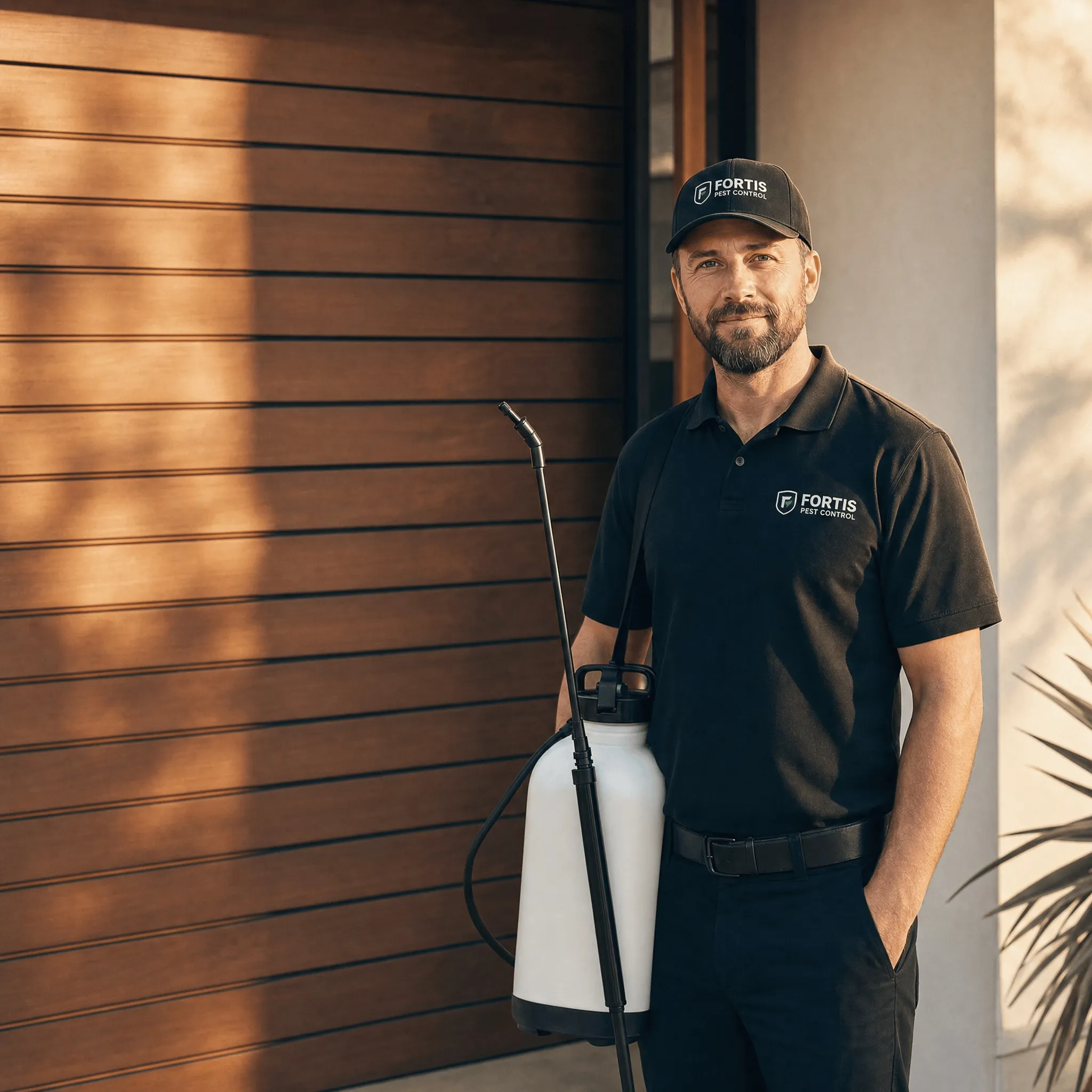 A Fortis Pest Control technician in branded polo and cap, ready to start a service visit.