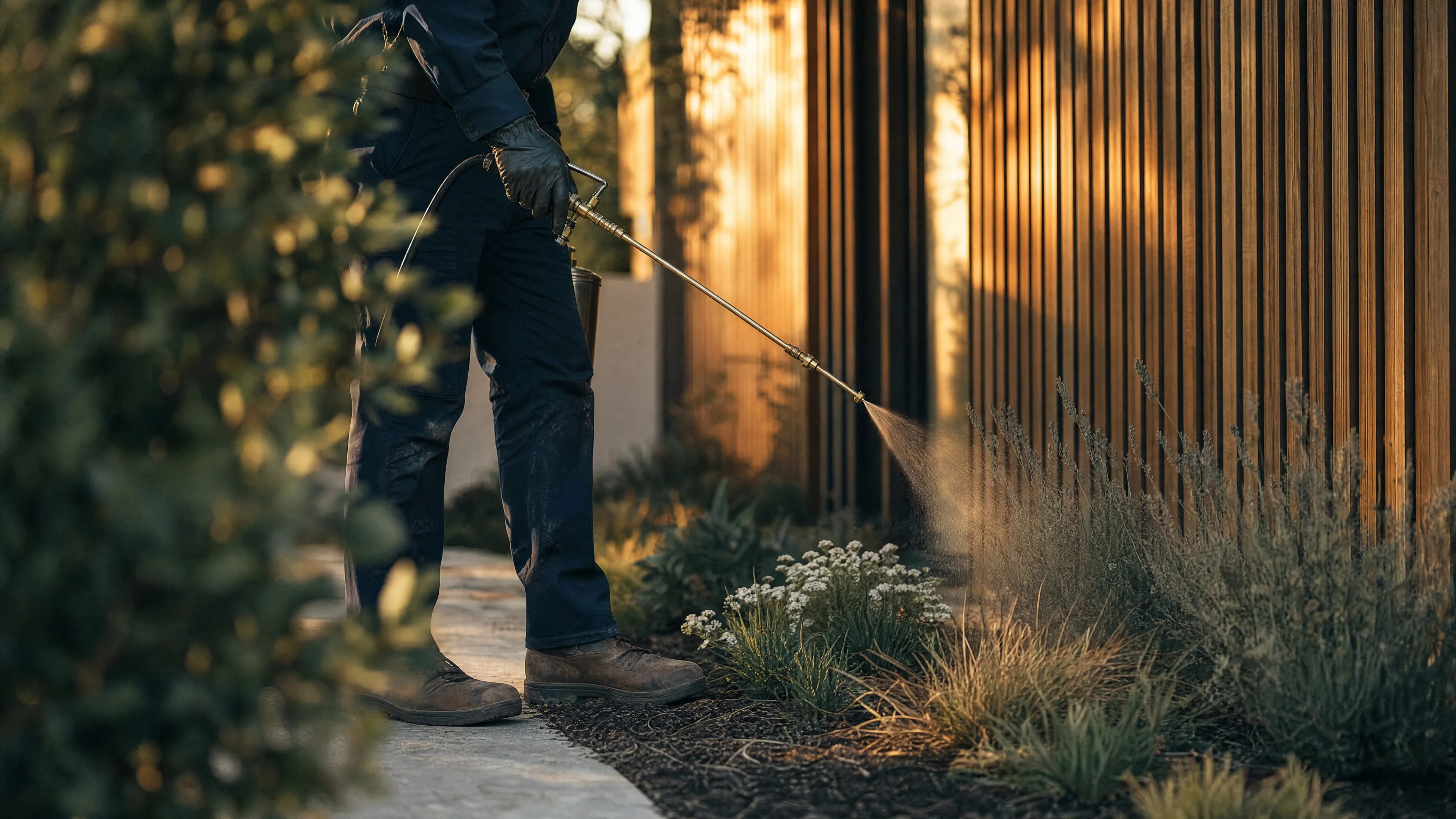 A Fortis Pest Control technician treating the exterior of a home in Lemoore, CA.