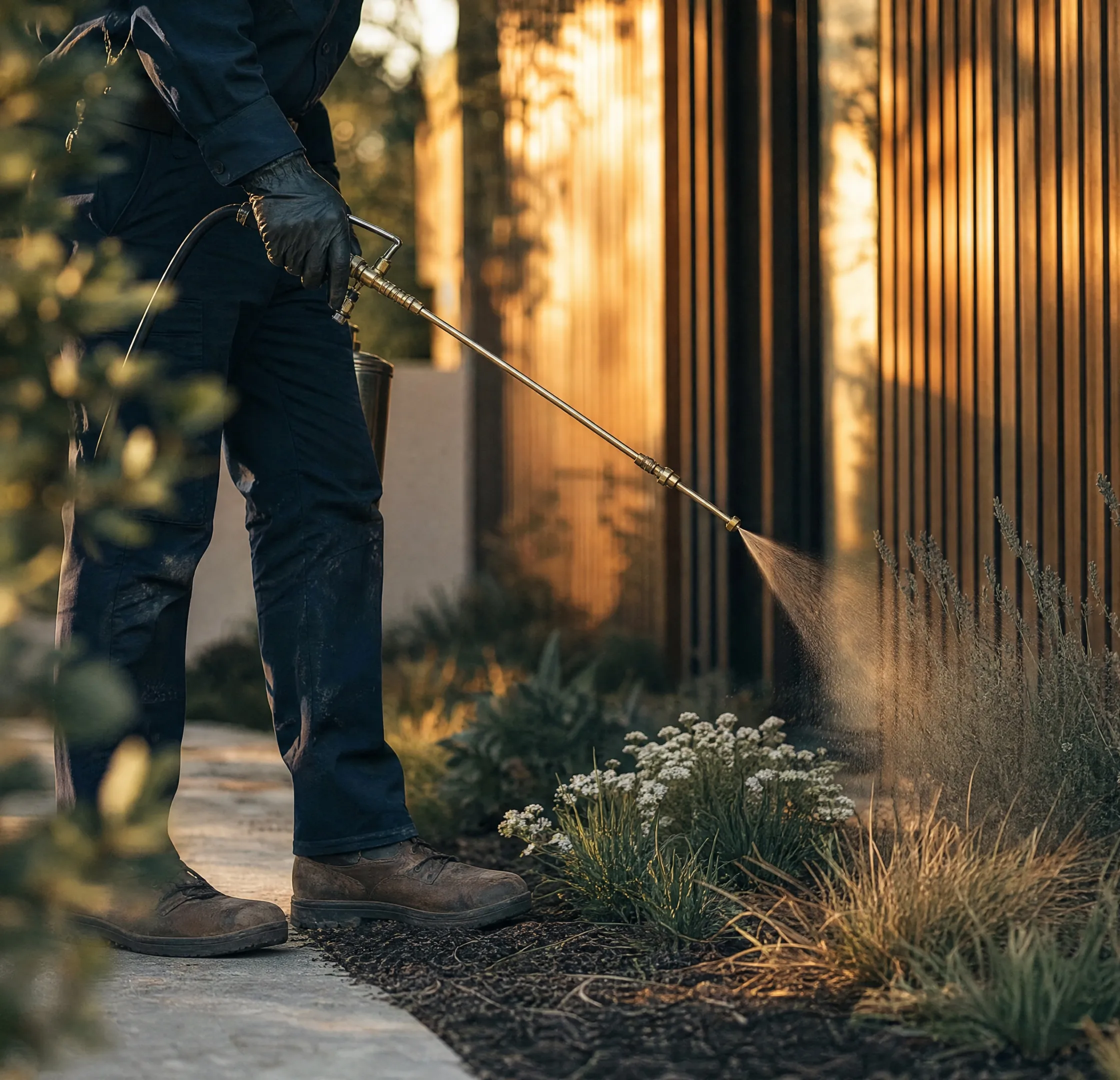 A Fortis Pest Control technician in branded polo and cap, holding a sprayer at a customer's front porch.