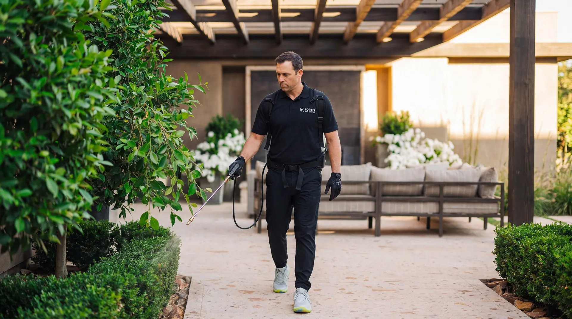 A Fortis Pest Control technician treating the garden side of a Central Valley home.