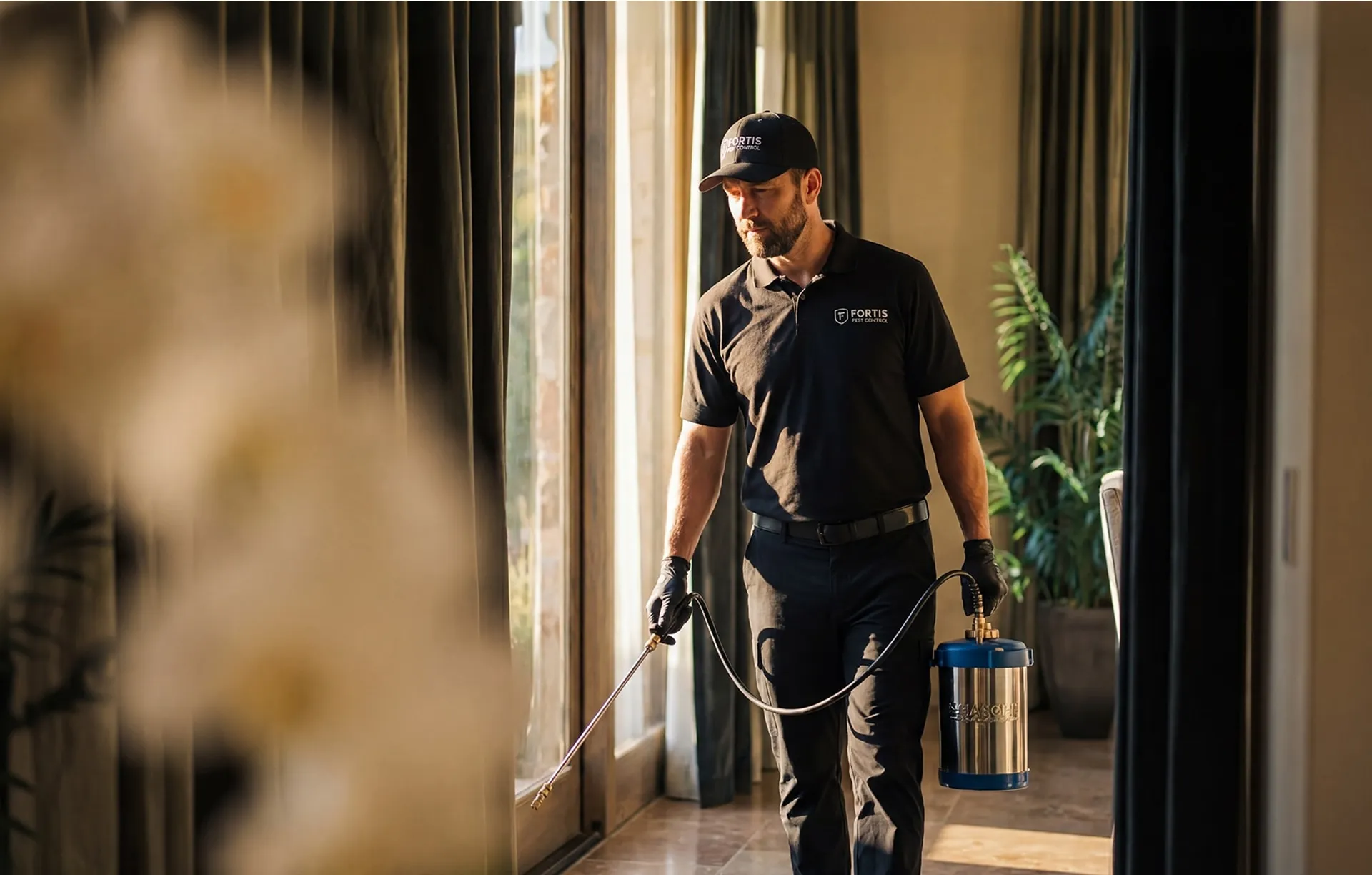 A Fortis Pest Control technician treating the interior of a Central Valley home.