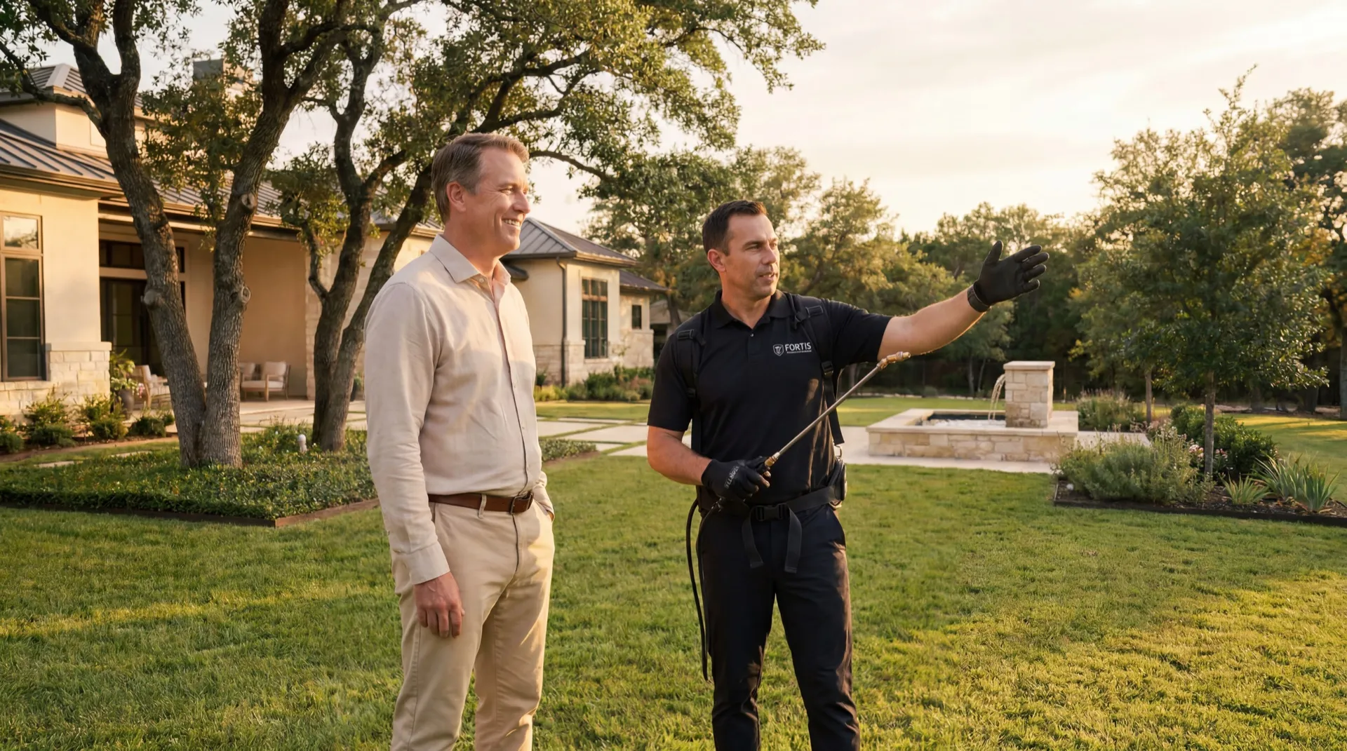 A Fortis Pest Control technician walking a Central Valley homeowner through their property during a consultation.