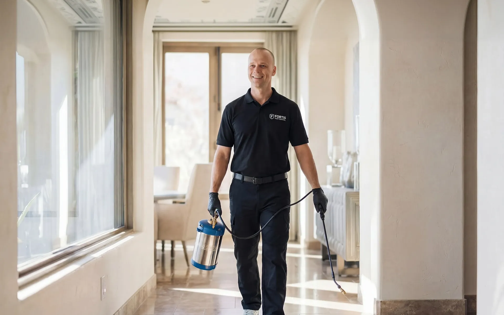 A Fortis Pest Control technician in branded uniform, ready to start a Central Valley service visit.